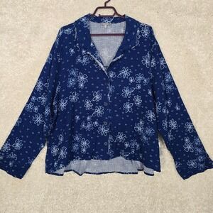 Habitat Womens Shirt‎ XL Blue Floral Button Up Long Sleeve Raw Edges Lounge